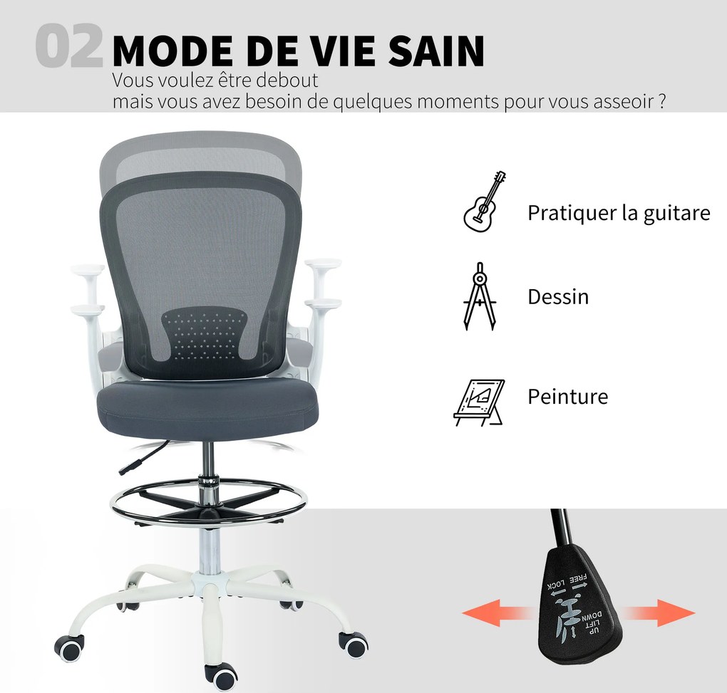 Cadeira de escritório ergonómica com apoio para os pés ajustável e braços rebatíveis, altura regulável, 59 x 62 x 99-119 cm, cinzenta