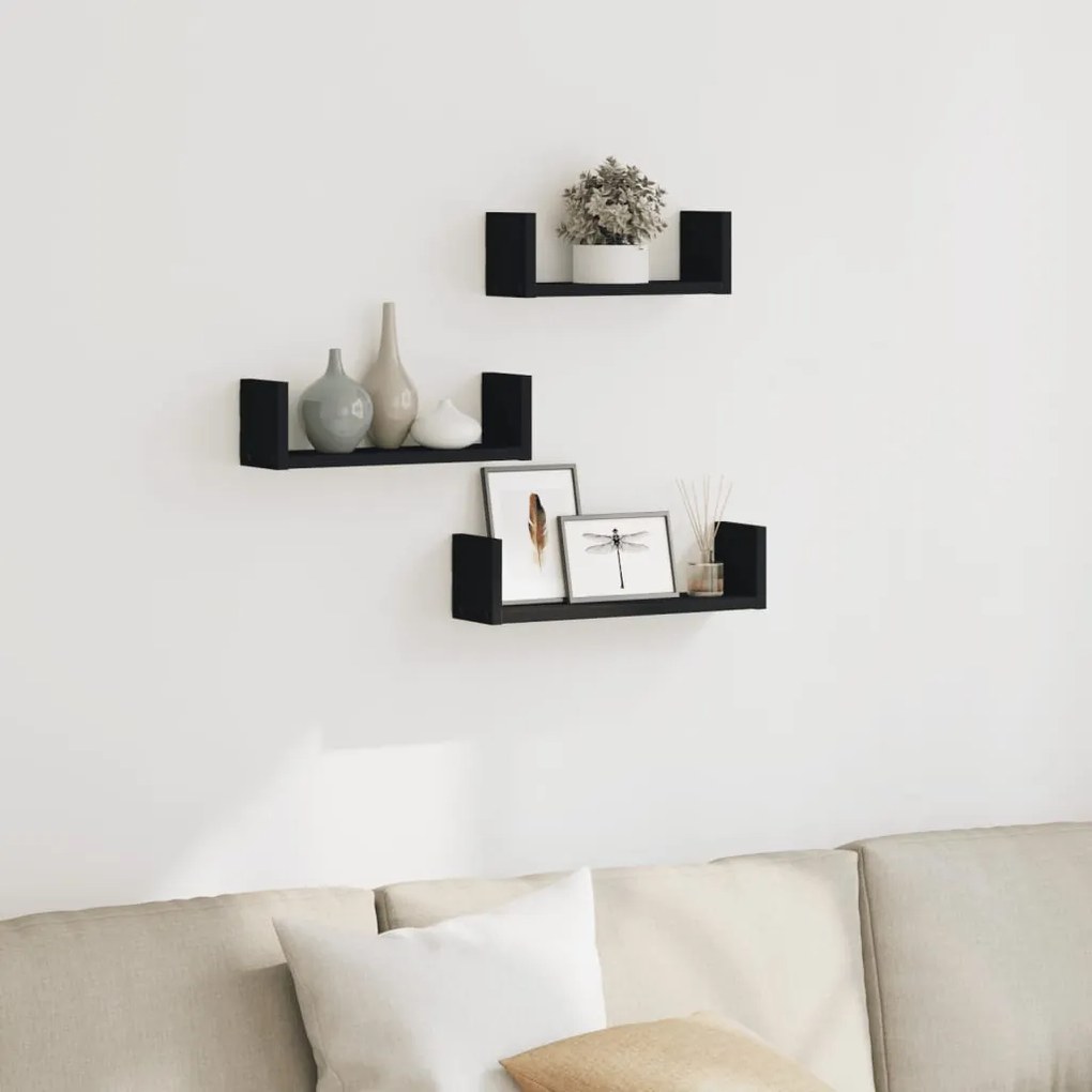 vidaXL Prateleira de parede 3 pcs derivados de madeira preto