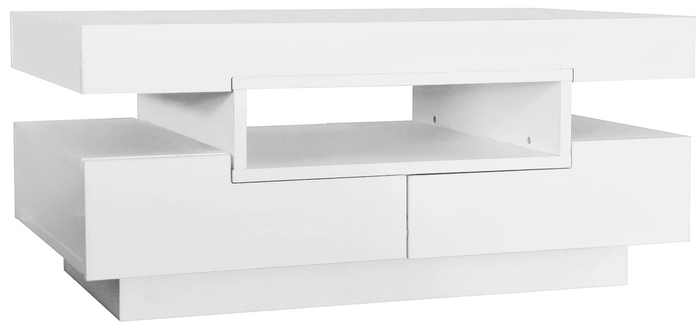 Mesa de Centro com Faixa LED Integrada, 4 Gavetas Frontais e Traseiras,80x50x36cm, Branco