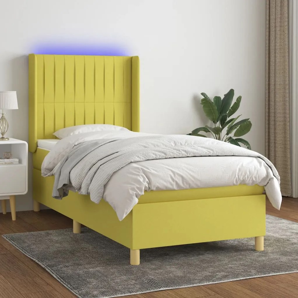 vidaXL Cama box spring c/ colchão e LED 90x190 cm tecido verde