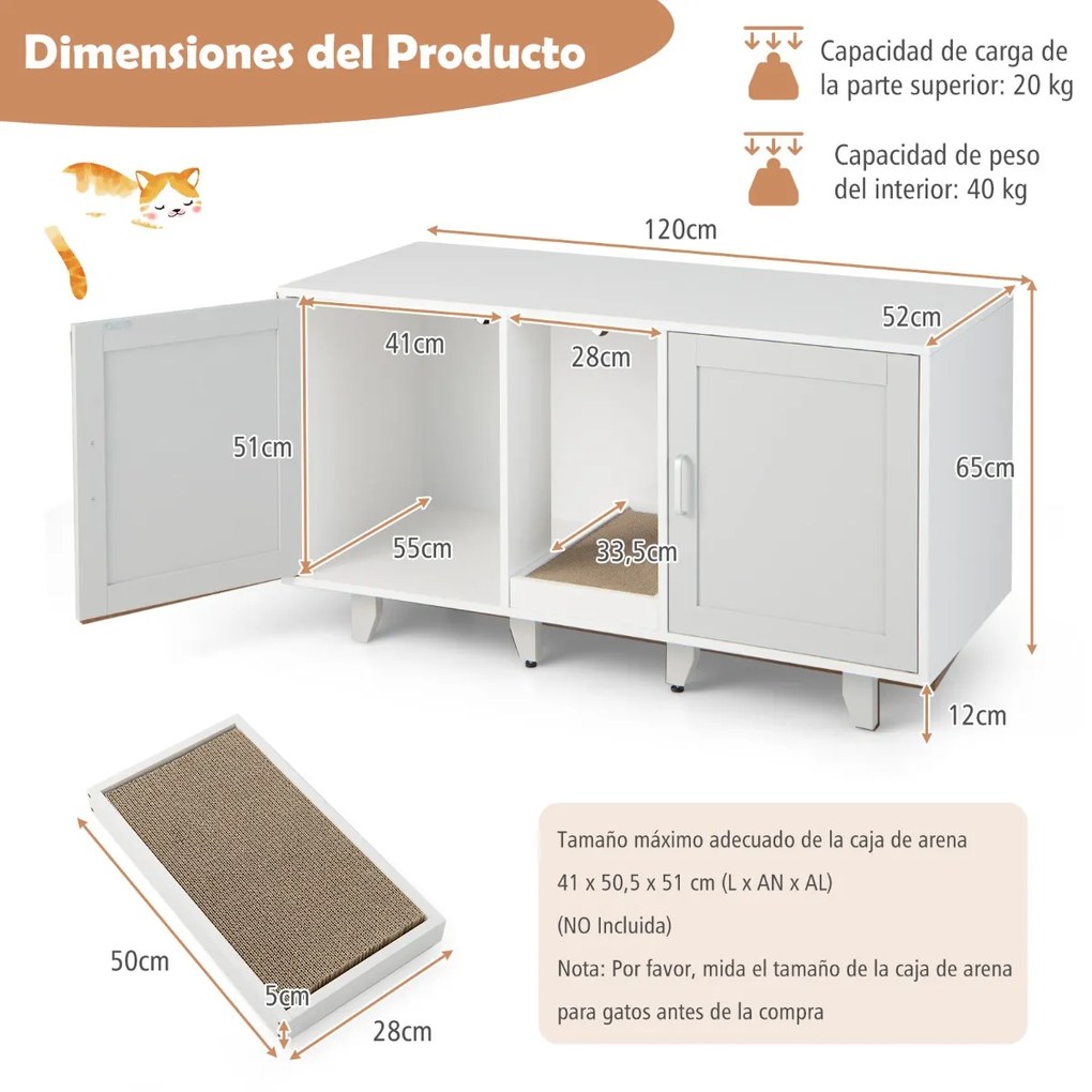 Movel para caixa areia para gatos com tábua de raspar escondida para a casa de banho e pernas de madeira amovíveis 120 x 52 x 65 cm Cinzento