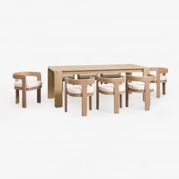 Set De Mesa Retangular 220x100 Cm Em Madeira De Acácia Mirelen E 8 Cadeiras De Jardim Em Madeira De Acácia E Tecido Bouclé Kandr Marrom Acácia Claro -