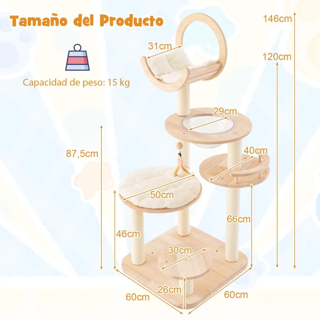 Arranhador para gatos Torre de madeira 4 em 1 com Postes de arranhar Sisal Bege