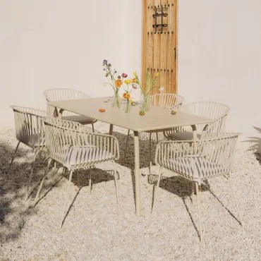 Conjunto De Mesa Retangular 160x90 Cm Florida E 6 Cadeiras De Jardim Com Apoios De Braços Em Aço E Polipropileno Aradina Tapioca Bege - Sklum