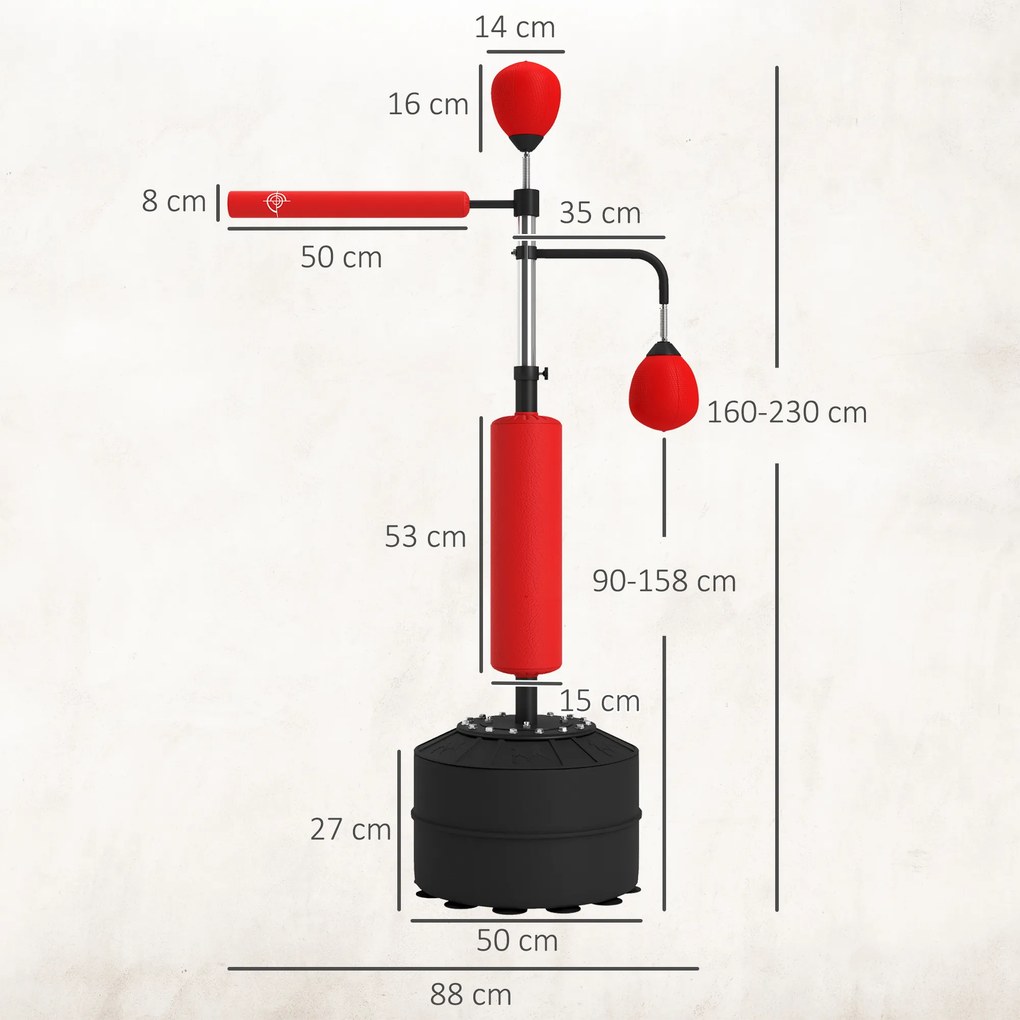 Punching Ball de Boxe com Altura Ajustável com 2 Bolas de Velocidade Barra Giratória 360° 88x50x160-230 cm Vermelho e Preto