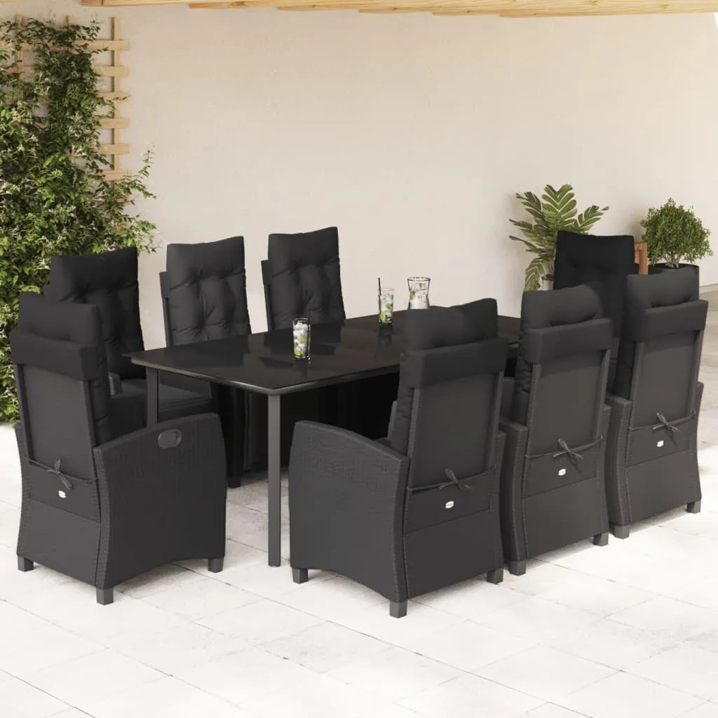 9 pcs conjunto de jantar p/ jardim c/ almofadões vime PE preto