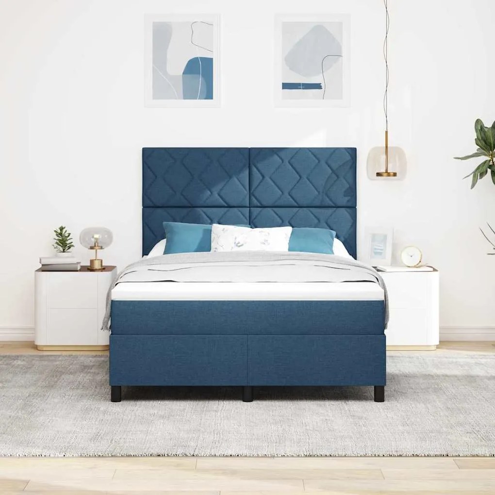 Cama Box com Colchão e LED Azul 140x200 cm Tecido
