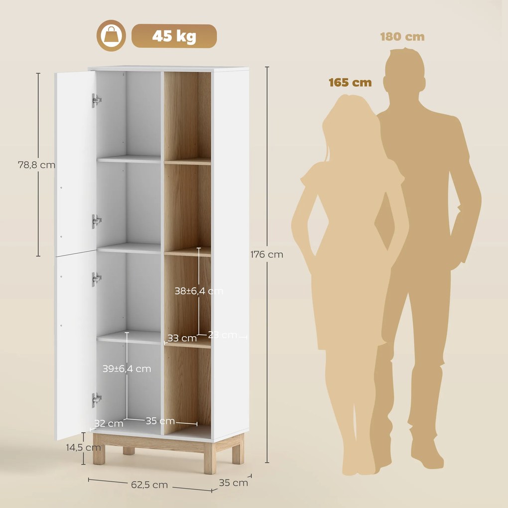 Móvel de casa de banho 62,5 L x 35 P x 176 A cm, móvel de arrumação, 2 portas, 4 compartimentos abertos e prateleiras ajustáveis, branco e natural