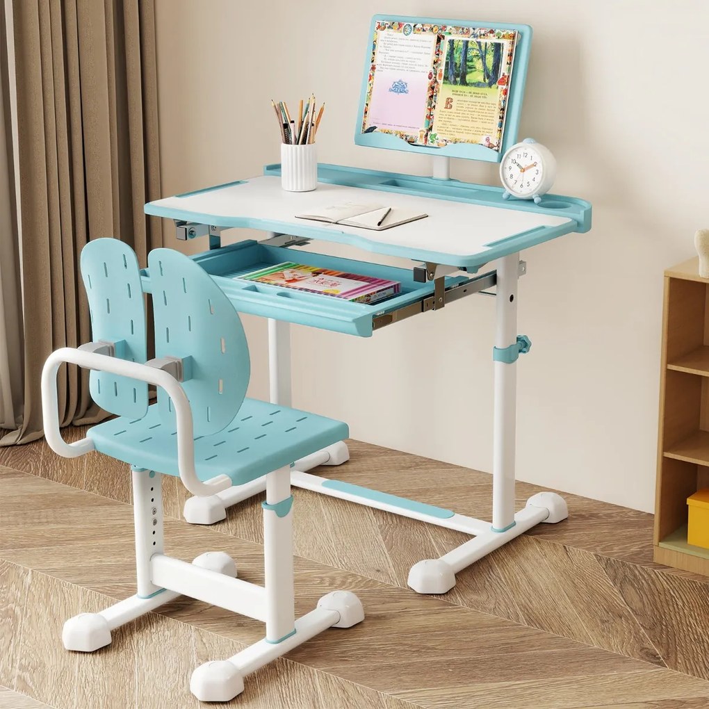 Conjunto de secretária e cadeira para crianças com altura ajustável, tampo inclinável, porta-copos, gaveta e cadeira ergonómica Azul