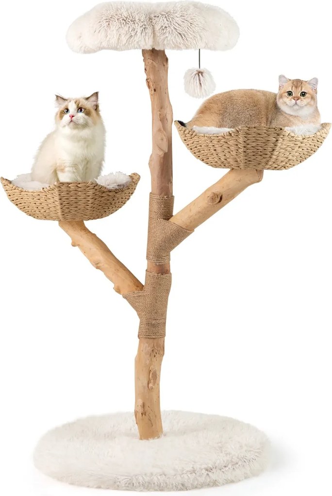 Arranhador para gatos com 2 cestos de rattan Plataforma em forma de flor para interior 61 x 122 cm Branco+Natural