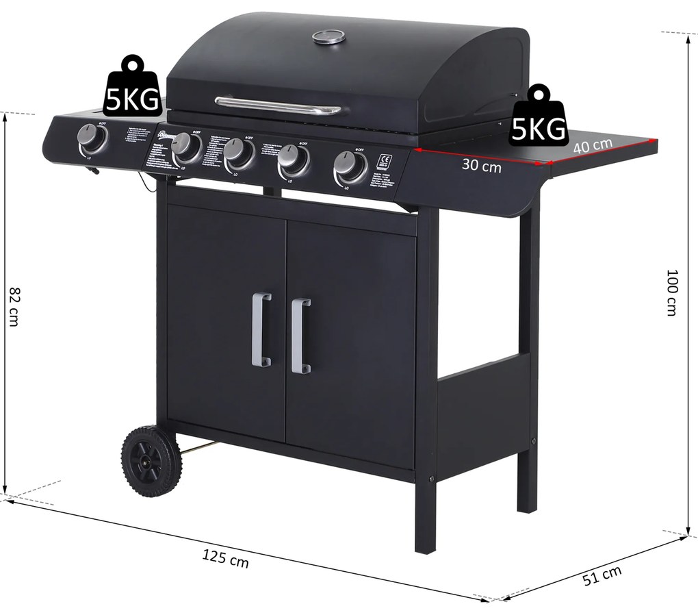 Outsunny Barbecue a Gás com 4+1 Queimadores 14,4KW Mesas Laterais Armário de Armazenamento Termômetro e 2 Rodas Aço Inoxidável 125x51x100cm Preto
