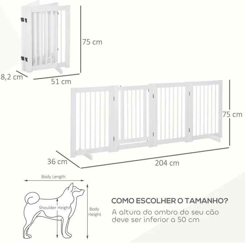 Barreira de Segurança para Cães 204x36x75 cm em Madeira Dobrável para Escadas e Portas para Cães Pequenos e Médios de 4 Painéis Branco