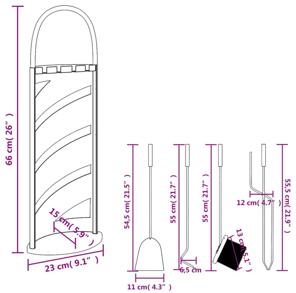 Conjunto de ferramentas para lareira 5 pcs 23x15x66 cm aço