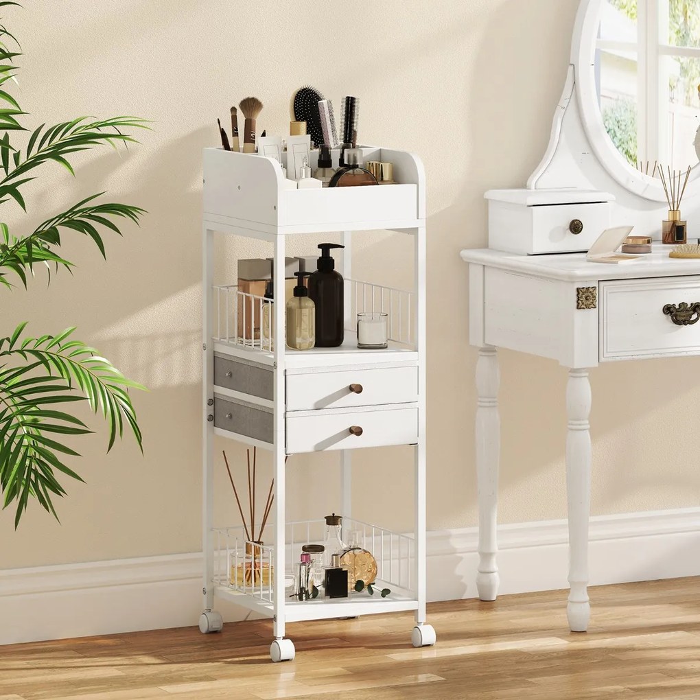 Carro organizador de cuidados maquilhagem 30 x 30 x 90 cm com a pele com gavetas e prateleiras de armazenamento com rodas Branco