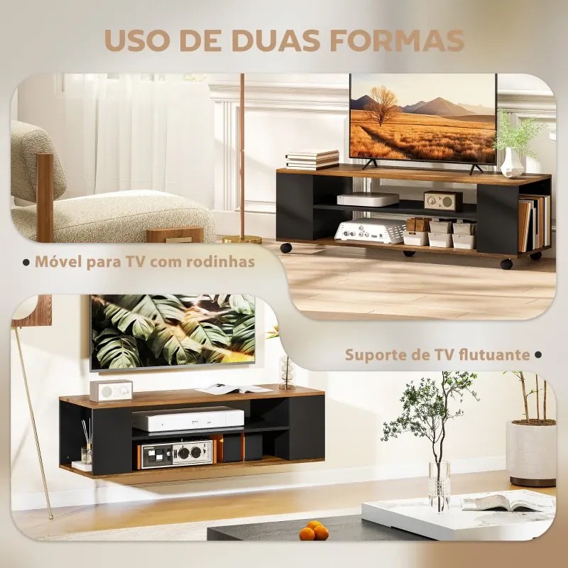 Móvel para TV com Rodas Armário para TV Flutuante com 2 Portas e 2 Prateleiras 120x40x38,5 cm Preto e cor Nogueira