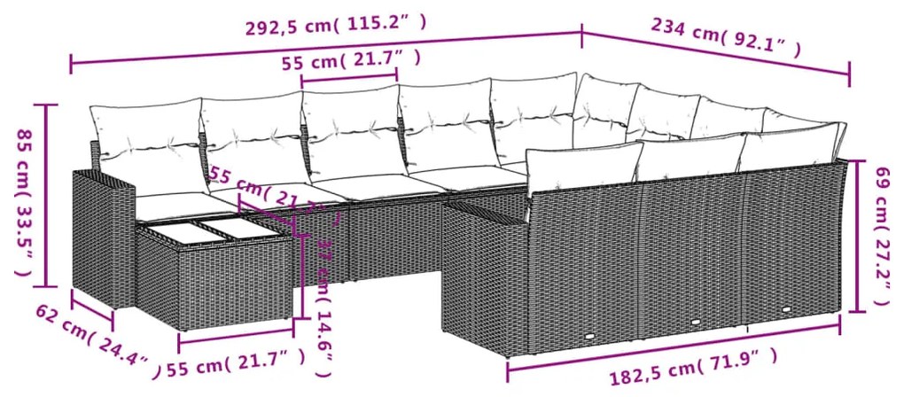 11 pcs conjunto sofás de jardim c/ almofadões vime PE preto