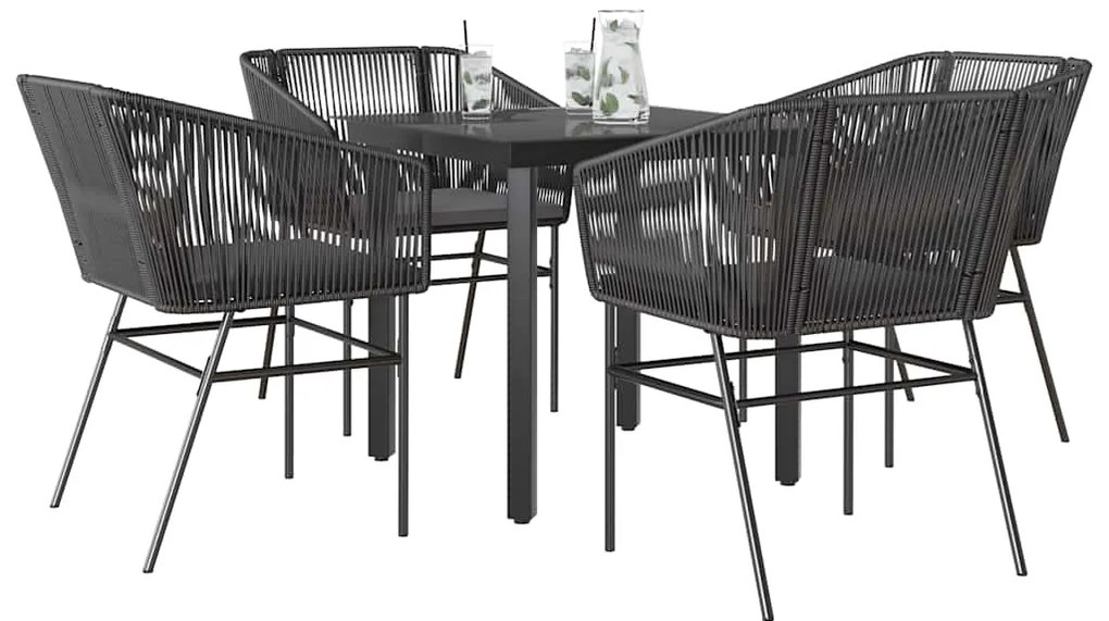 Conjunto de jantar jardim 5 peças almofadas vidro vime PE preto