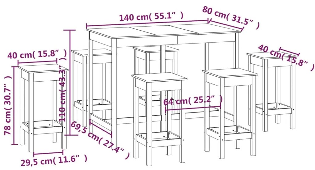 7 pcs conjunto de bar pinho maciço branco