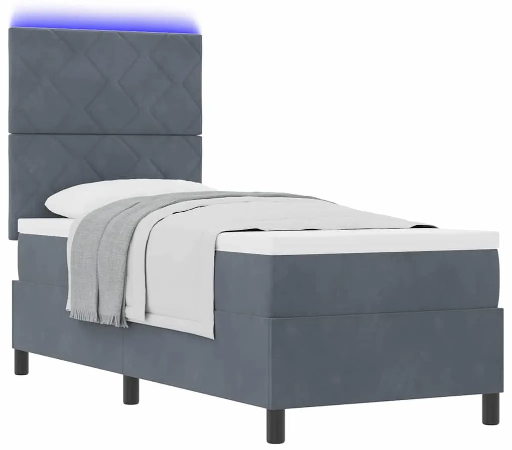 Cama Box Spring vidaXL com Colchão &amp; LED Cinza Escuro 80x200 cm Veludo