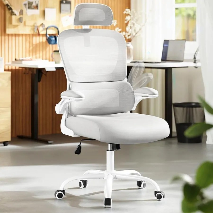 Cadeira ergonómica para escritório com tecido em rede e apoios de braços rebatíveis 64 x 71,5 x 116-135 cm Cinzento