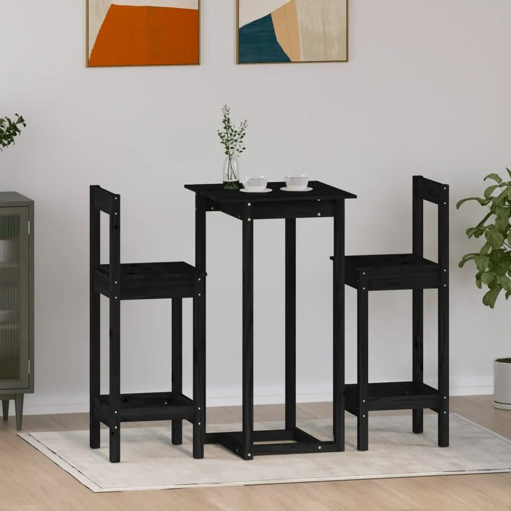3 pcs conjunto de bar pinho maciço preto