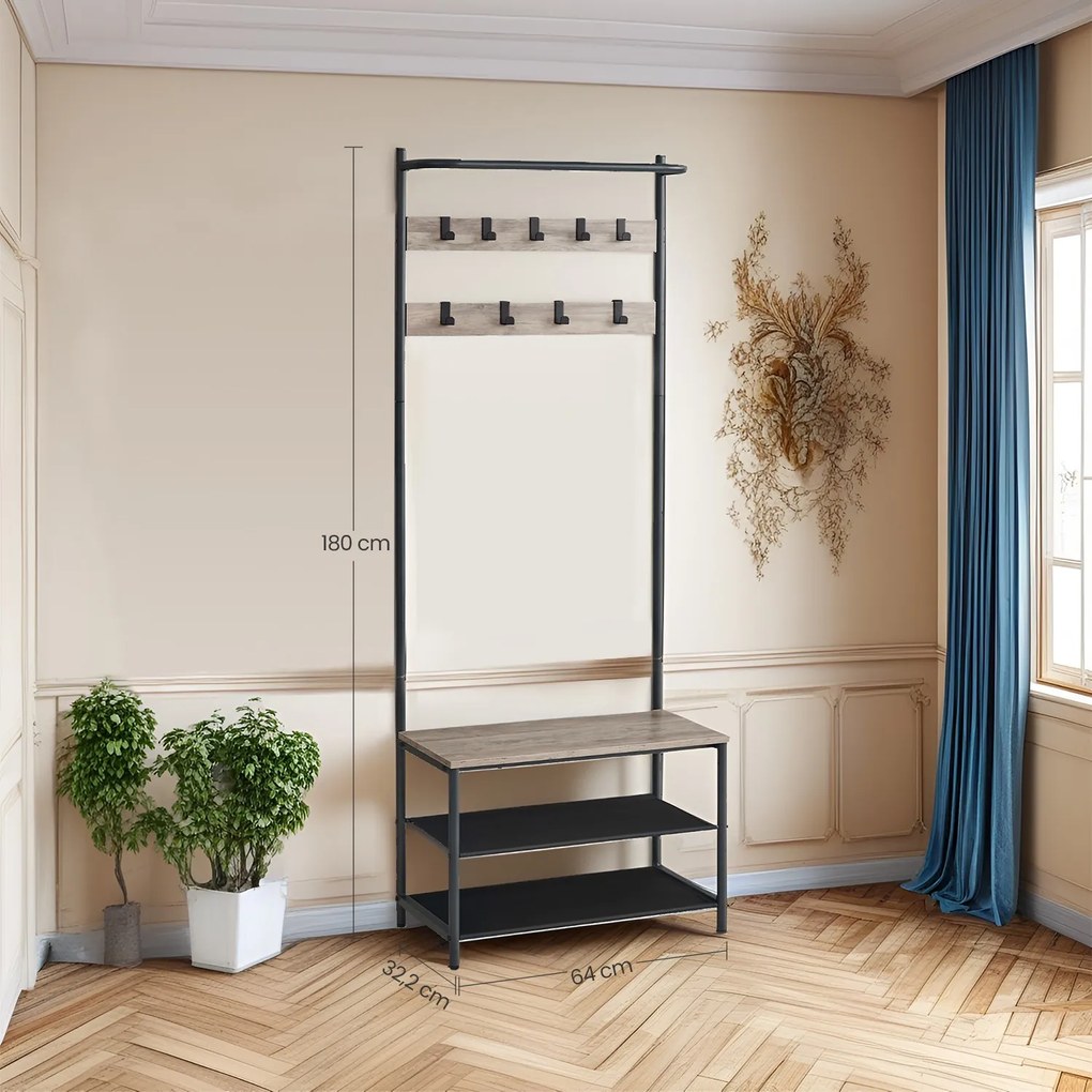 Cabideiro multifuncional 32,2 x 64 x 180 cm cinza + preto
