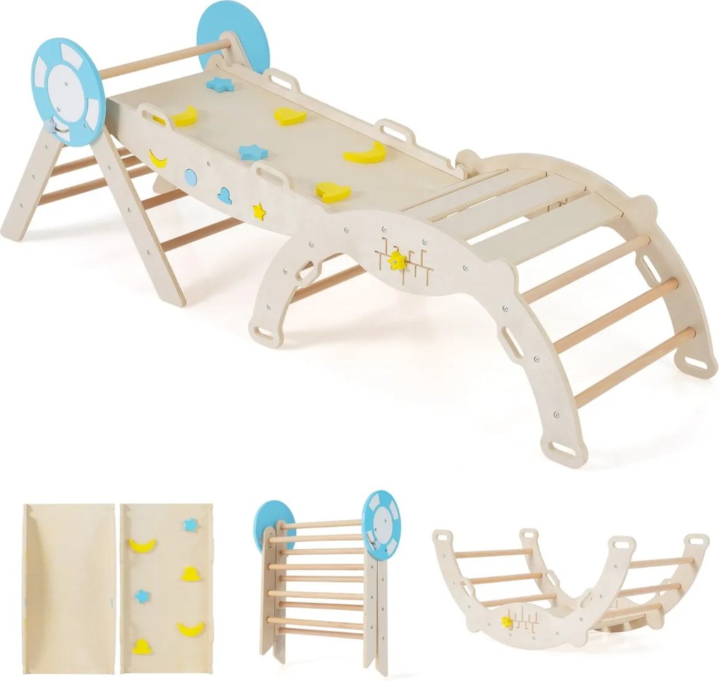 Conjunto triangular 8 em 1 de escalada para bebés com rampa, escada e arco de escalada Montessori de madeira Natural