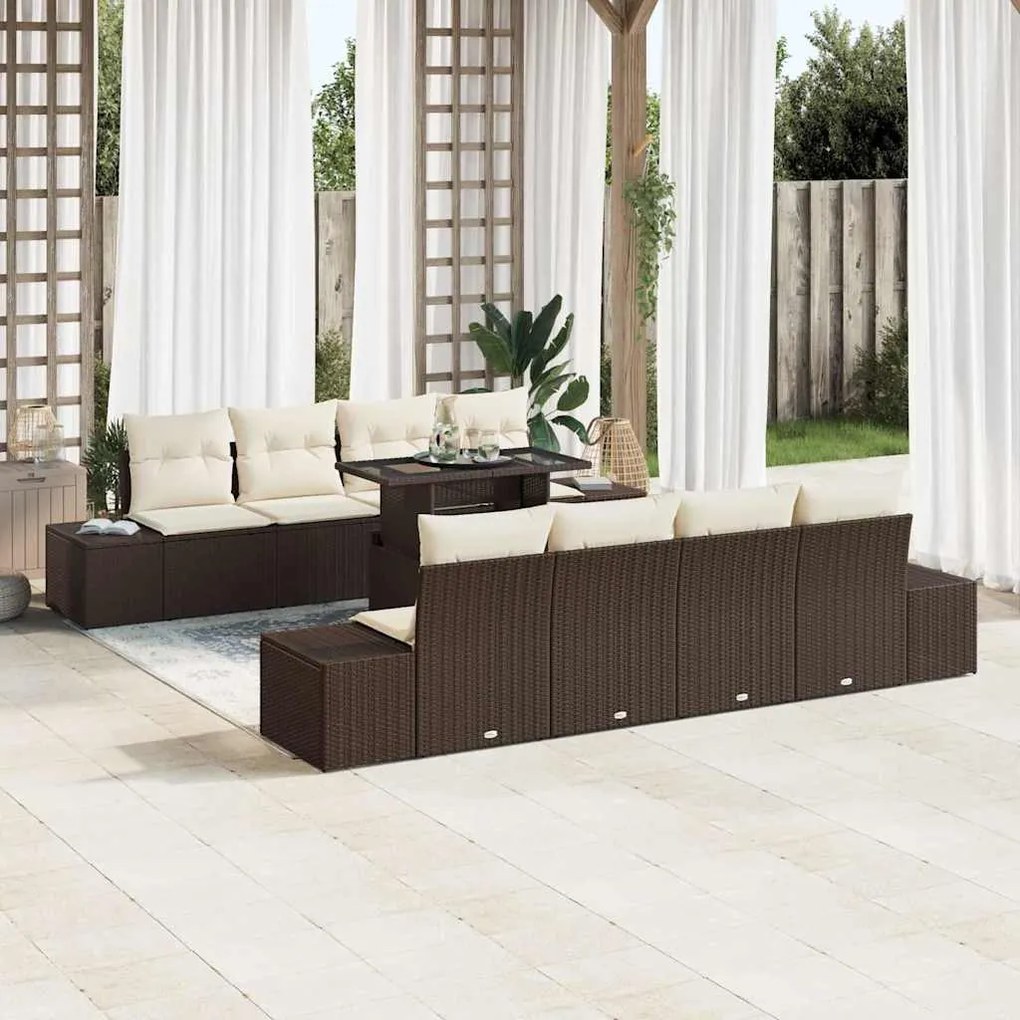 vidaXL Conjunto de sofá de 9 peças pra jardim com almofadas marrons em rattan sintético