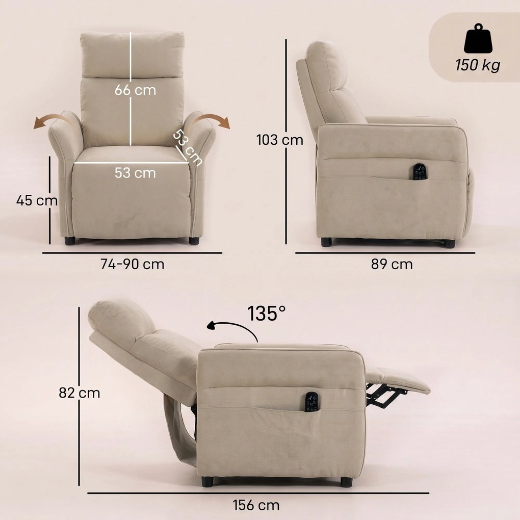 Poltrona de Massagem com Aquecimento, Reclinação Push-Back 135°, Apoio para Pés, Apoios de Braços Ajustáveis e 2 Bolsos, Bege