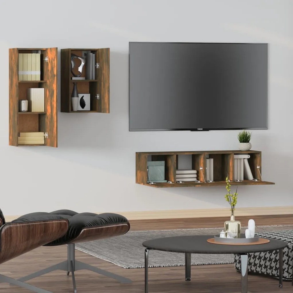 Conjunto móveis de TV 4 pcs madeira processada carvalho fumado