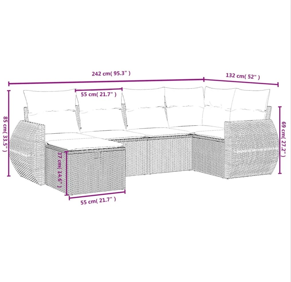 6 pcs conjunto sofás de jardim c/ almofadões vime PE preto