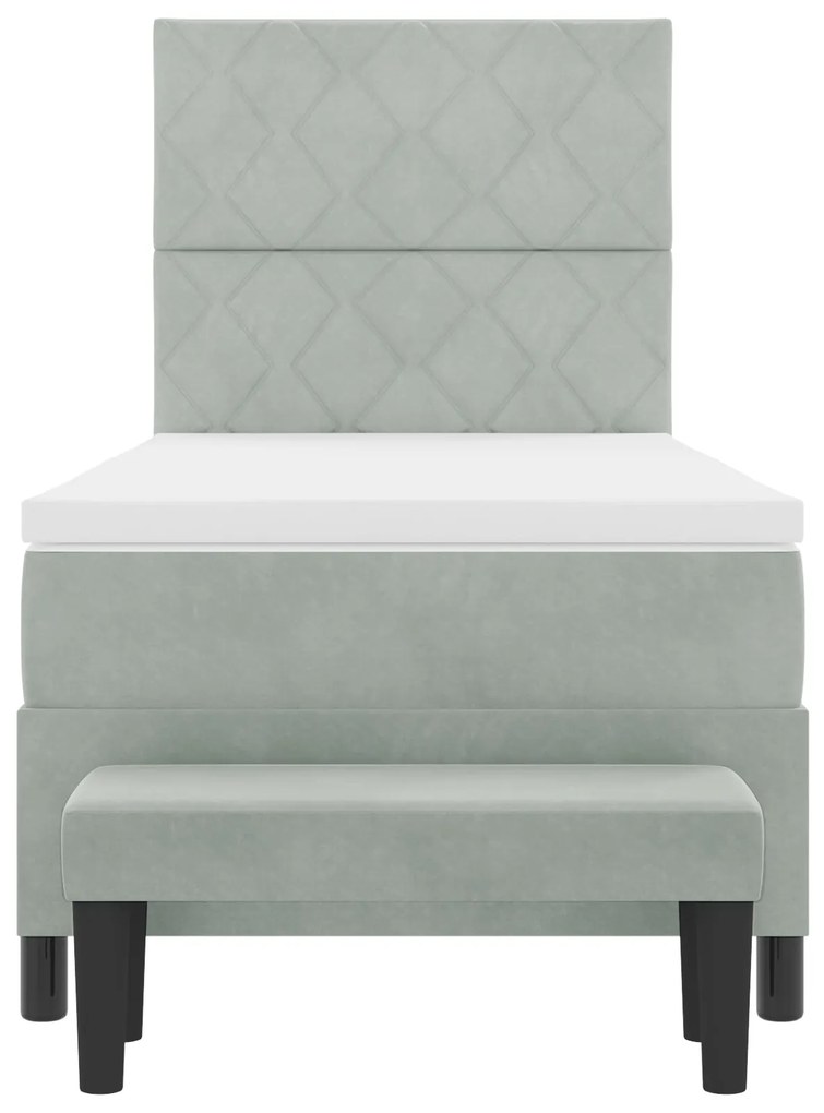 Cama Box Spring com Colchão e Banco Cinza Claro 90x200 cm Veludo