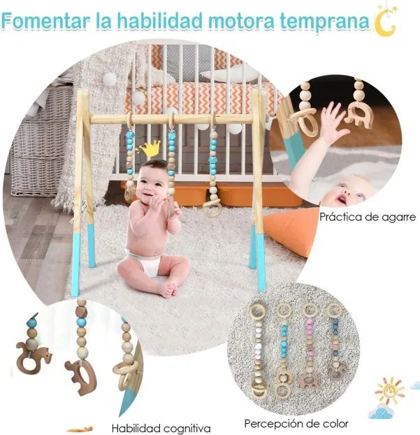 Ginásio para bebés com brinquedos para dentição Desenvolvimento cerebral dobrável em madeira para crianças +3 meses 66 x 40 x 60 cm Verde