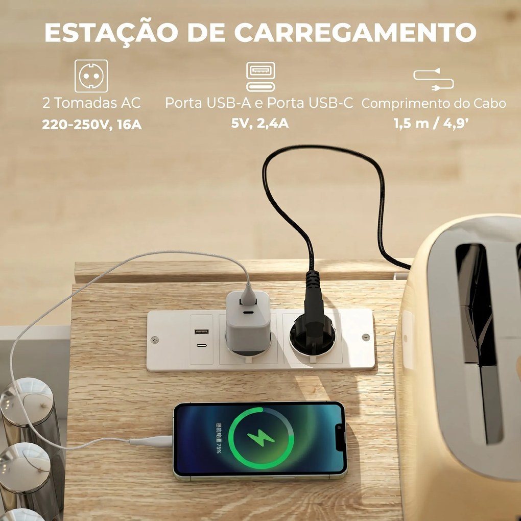 Ilha de Cozinha 134,5x75,2x90,5 cm com Tampo Extensível Estação de Carregamento Rodas 2 Portas 3 Gavetas Suporte para Especiarias e Barra para Toalhas