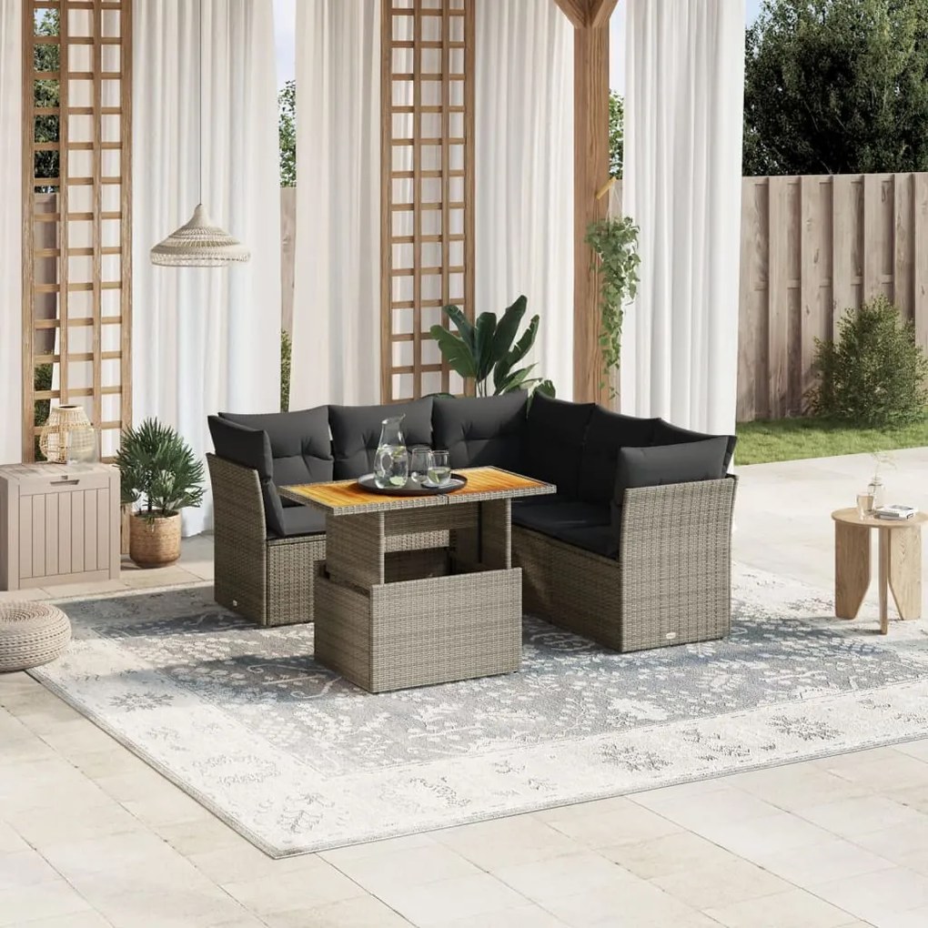 5 pcs conjunto sofás de jardim c/ almofadões vime PE cinzento