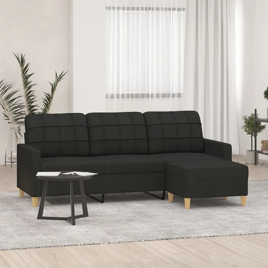 Sofá de 3 lugares com apoio de pés 180 cm tecido preto