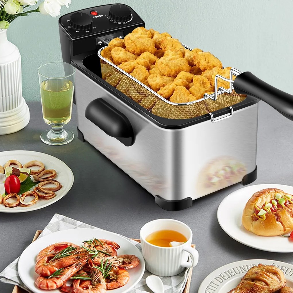 Fritadeira de Aço Inoxidável com Tampa de Recipiente de Óleo de 3,5 L com Janela e Temperatura Ajustável 55 x 24 x 24 x 21 cm Preto
