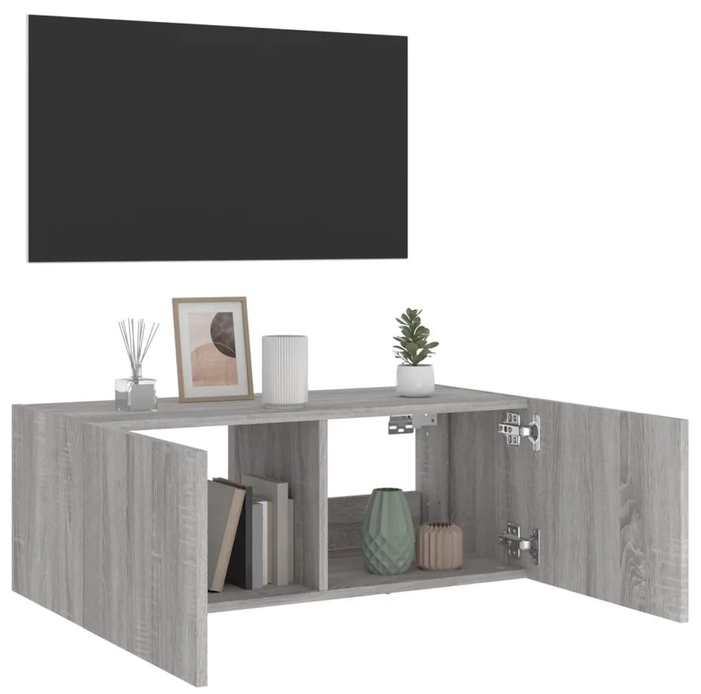 Móvel de parede p/ TV c/ luzes LED 80x35x31 cm cinzento sonoma
