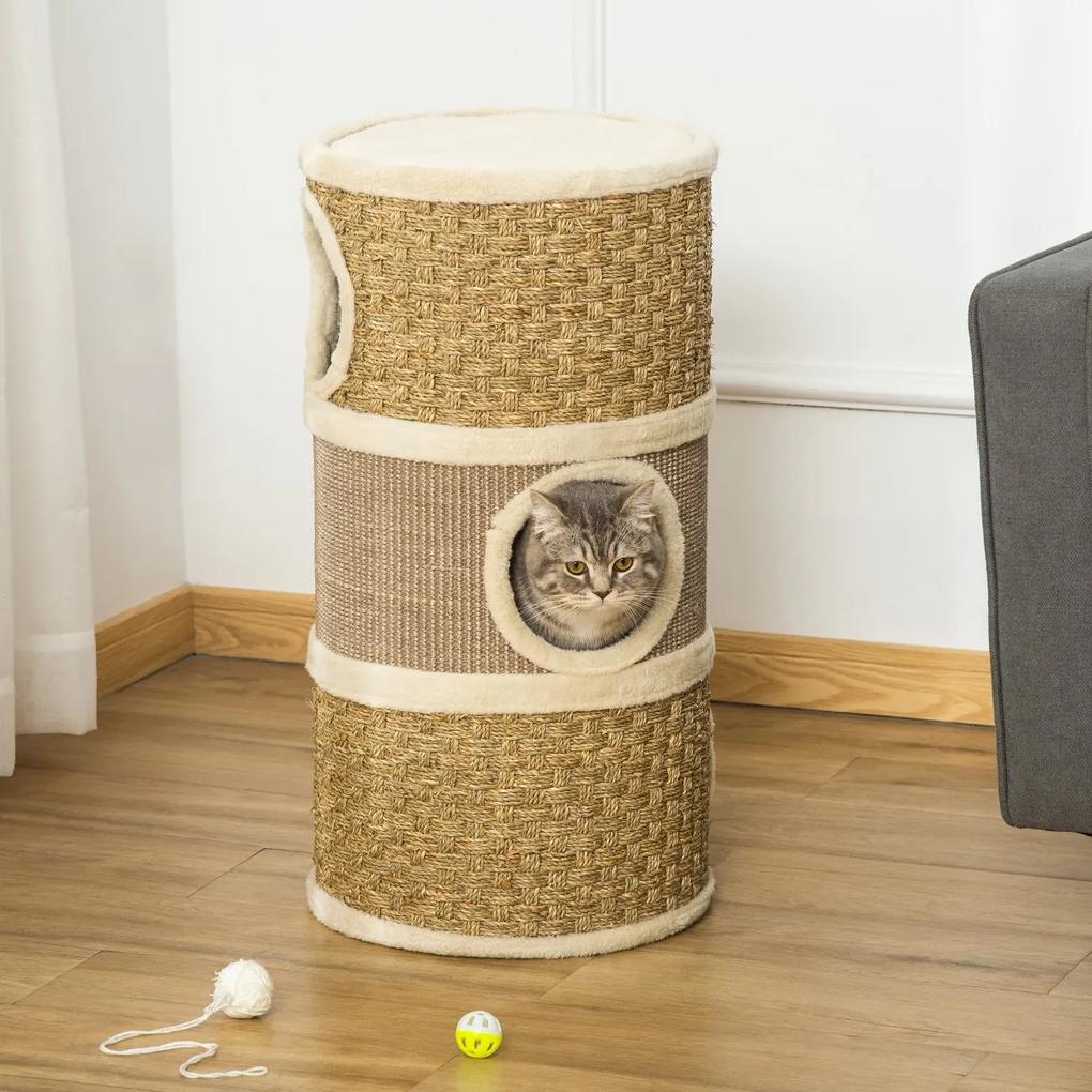 PawHut Barril de arranhar para gatos com 3 níveis com plataforma cama confortável e espigões de 37,5x37,5x70 cm Marrom claro e bege