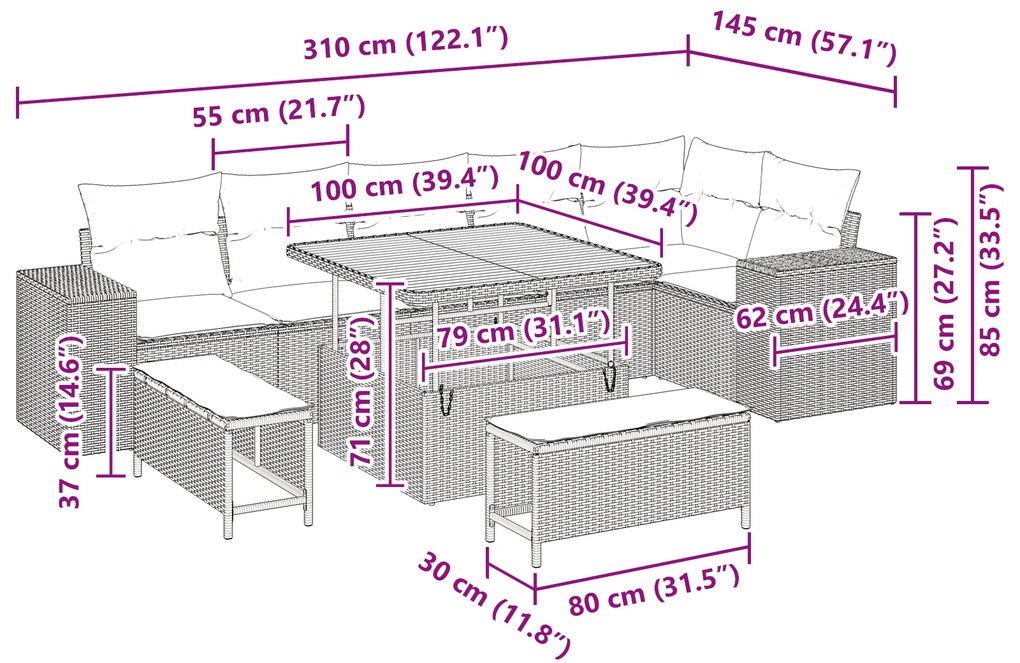 Conjunto de Sofá de Jardim vidaXL de 9 peças com Almofadas Bege Rattan
