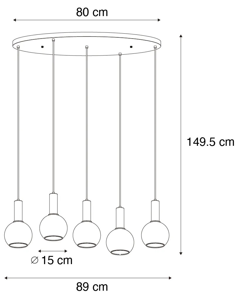 Candeeiro suspenso Art Déco preto com vidro fumê oval 5 luzes - Josje Art Deco