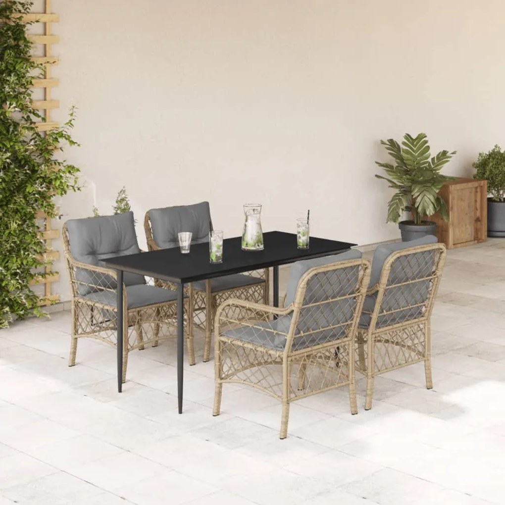 5pcs conj. jantar jardim c/ almofadões vime PE bege misturado