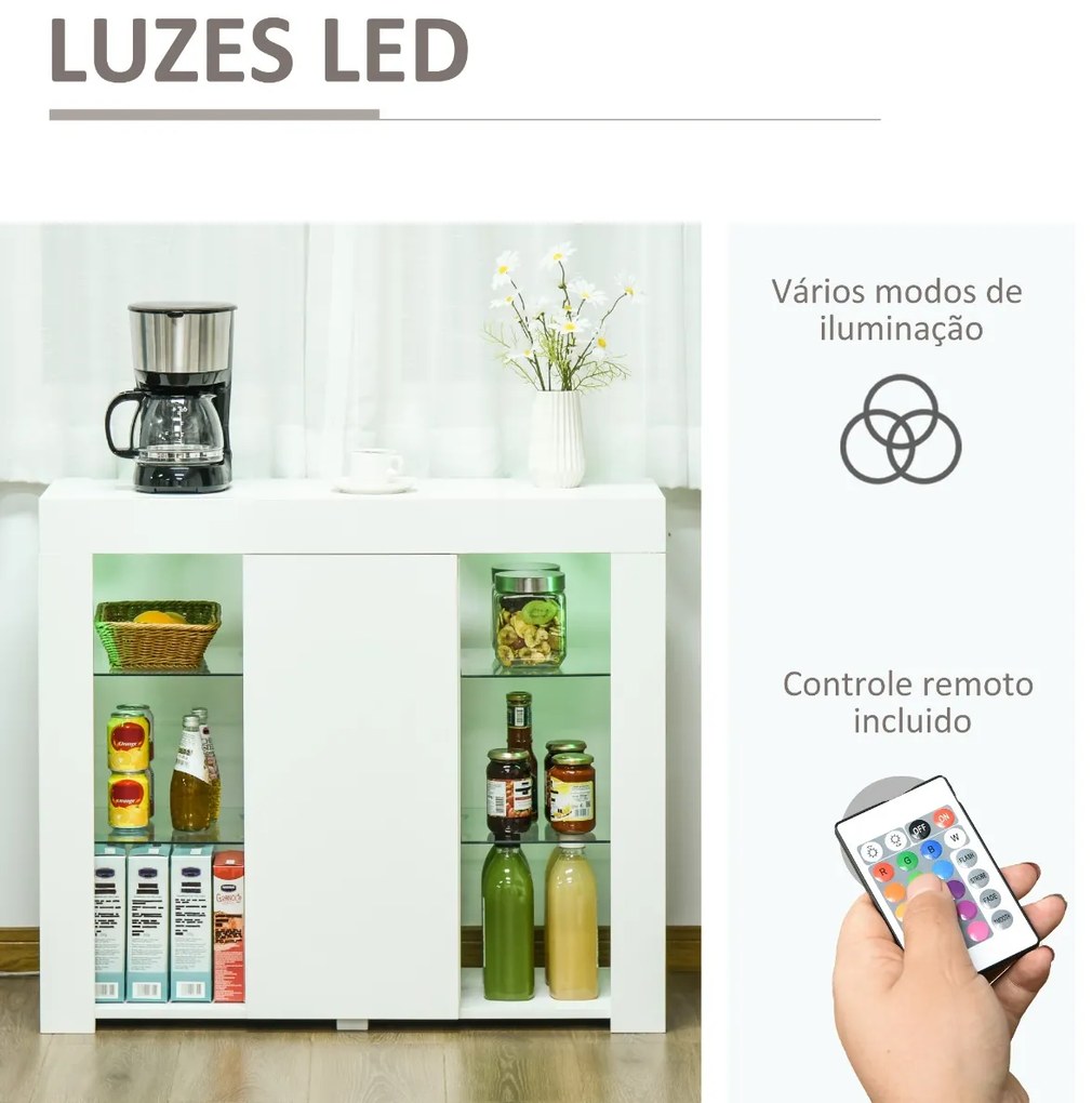 Aparador Moderno com Luzes LED Móvel Buffet com 1 Porta com Fechamento a Pressão e Prateleiras Ajustáveis Controle Remoto 97x35x83cm Branco