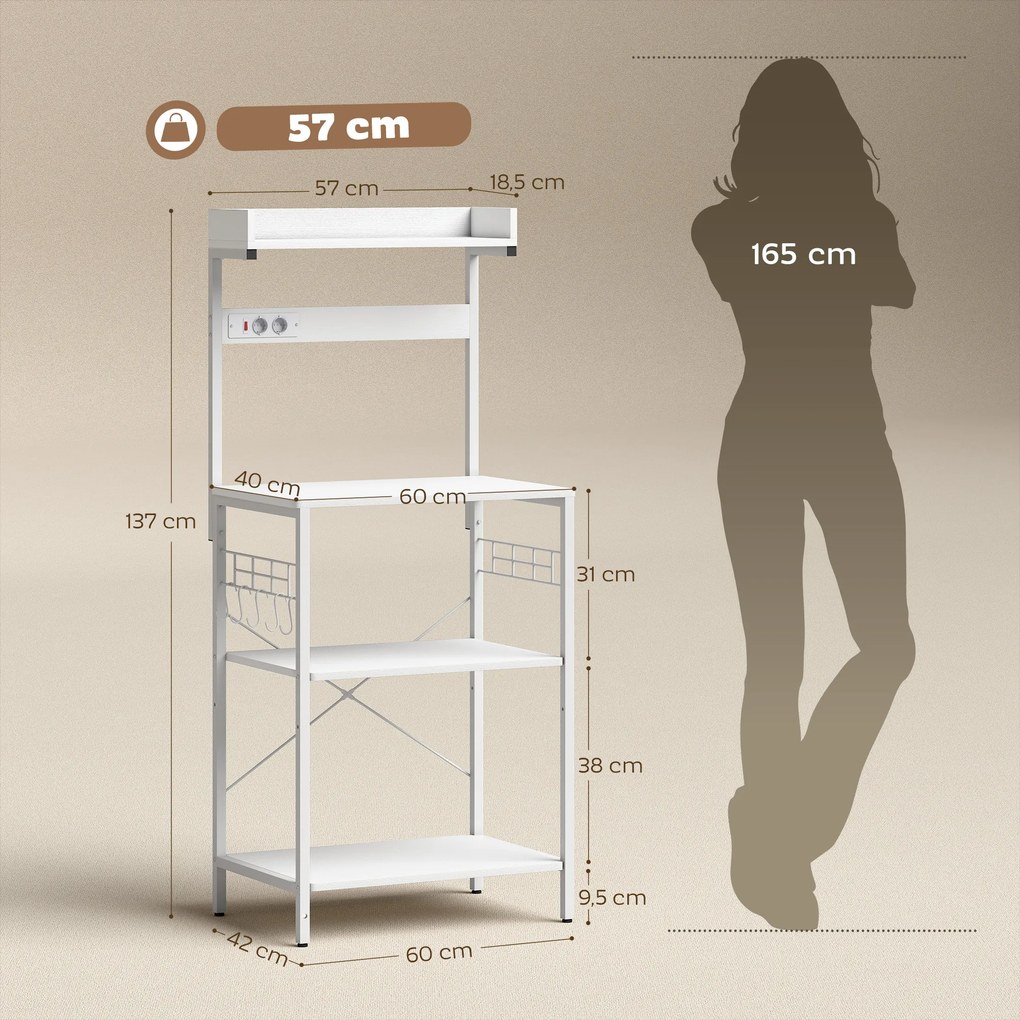 Armário de Cozinha com 2 Tomadas Prateleira para Micro-ondas Prateleira Ajustável Ganchos 60x42x137 cm Branco