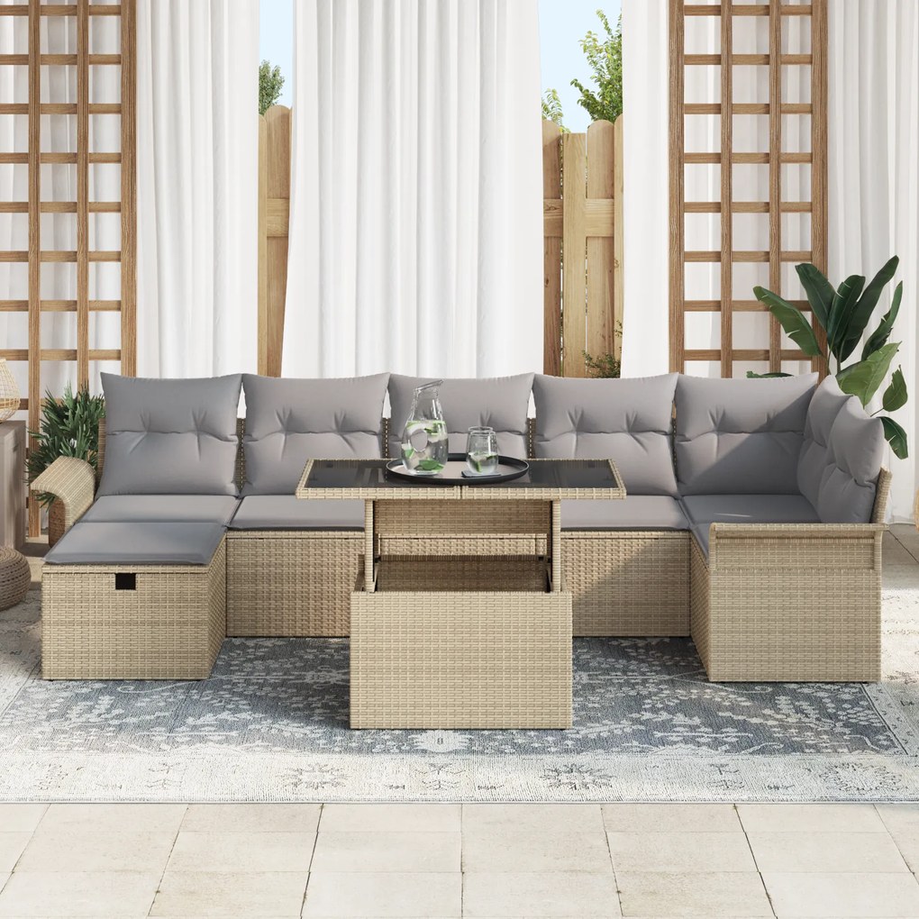 Conjunto de Sofá para Jardim de 8 Peças com Almofadas Bege Vime PE