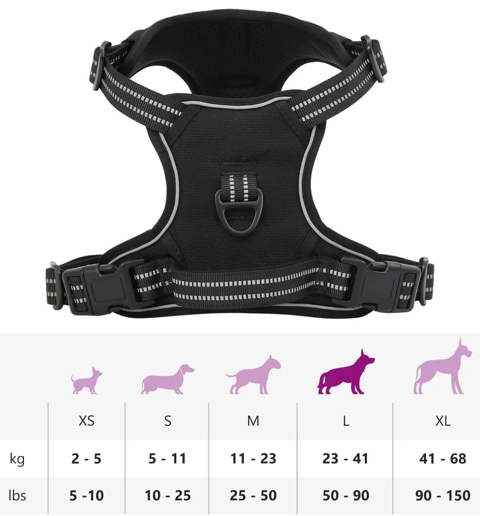 Peitoral para cães com faixas refletoras ajustável L preto