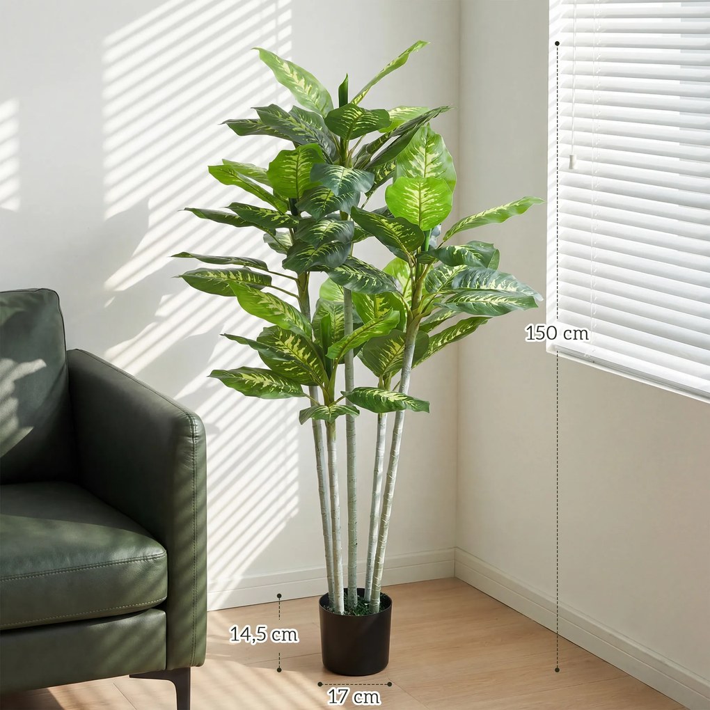 Planta artificial Calathea, altura 150 cm, vaso de cimento, 53 folhas - interior
