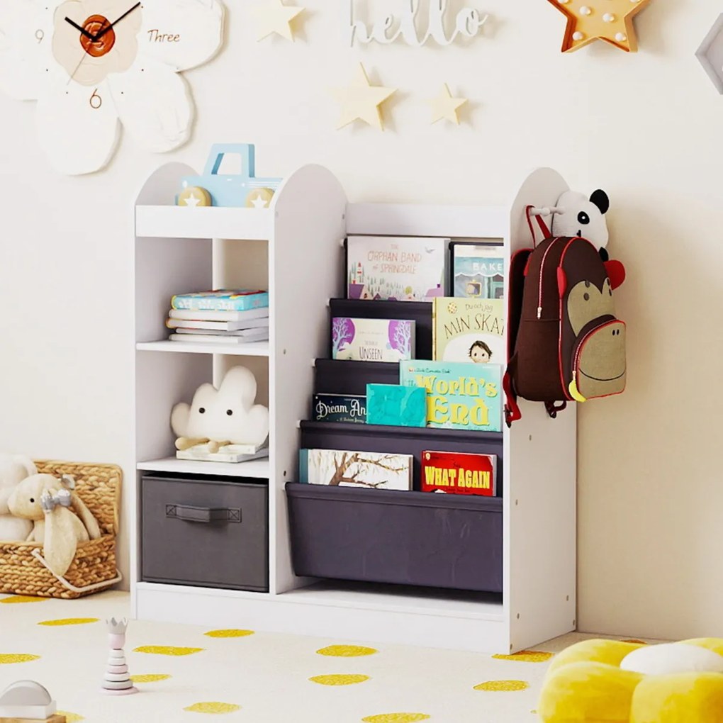 Estante para crianças 87,5 x 30 x 90 cm espelho de corpo inteiro Organizador de brinquedos com gaveta e prateleiras de tecido de 4 níveis Branco