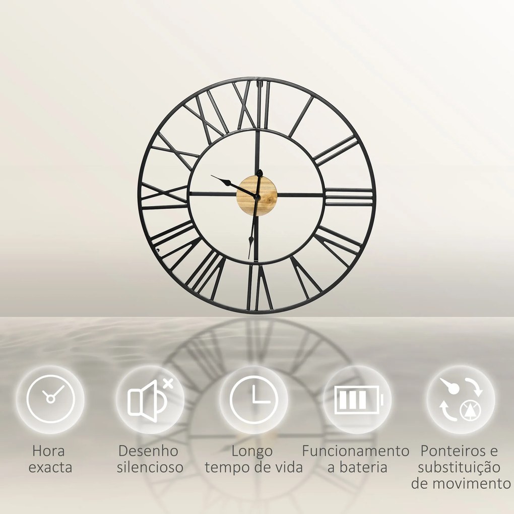 Relógio de Parede Silencioso de Ø60 Relógio de Parede de Metal e Madeira com Números Romanos sem Tique-Taque Funciona com Pilhas Estilo Vintage Decora