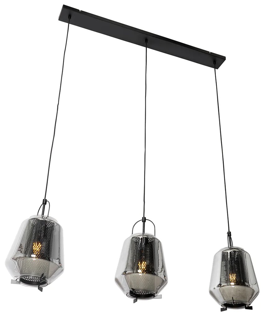 Candeeiro de suspensão preto com vidro fumê 23 cm oblongo 3 luzes - Kevin Art Deco